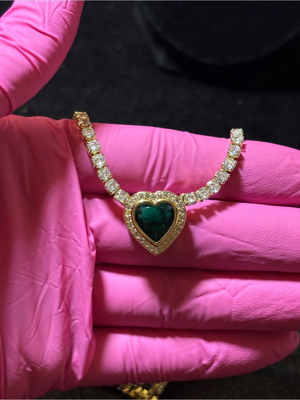 3.2mm Yellow Gold Emerald Green Heart Halo CZ Tennis Necklace 19in. - Picture 9 of 16